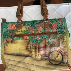 Anuschka Hand-Painted Floral Tote - Green and Brown